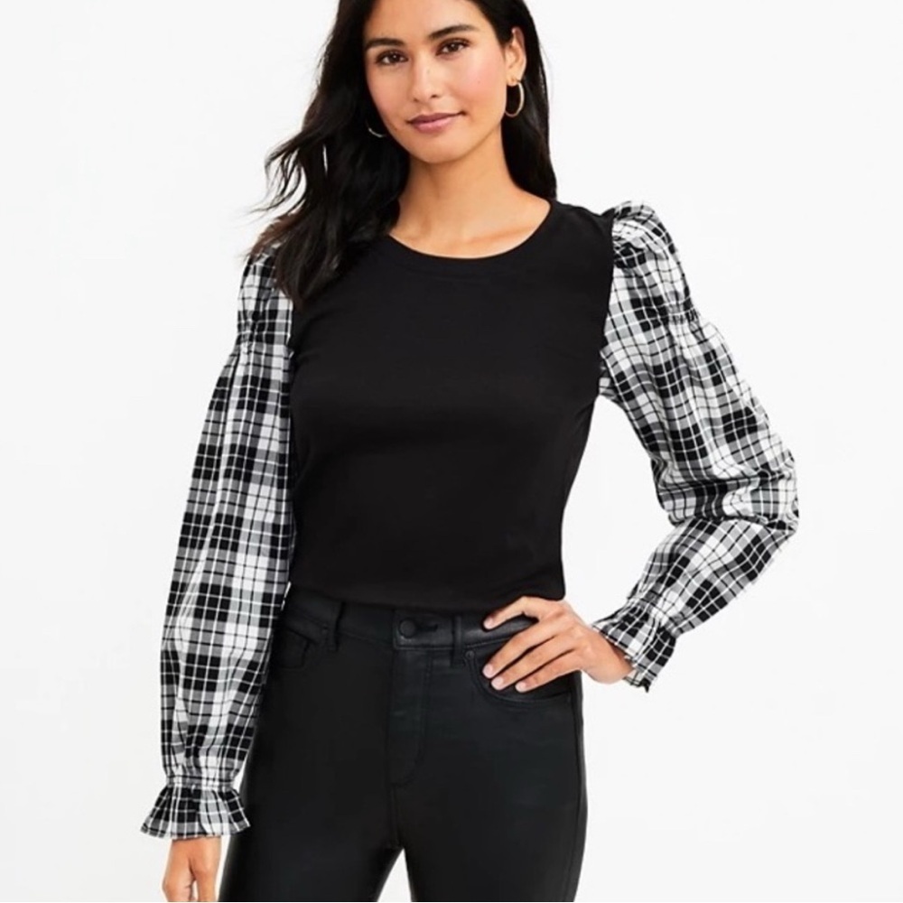 Loft Black Top With Plaid Sleeves Puff Sleeves M